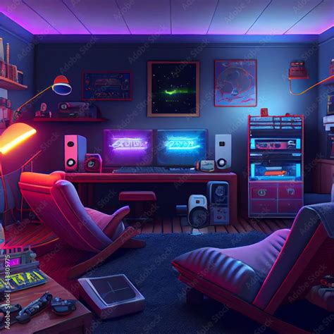 Cyberpunk gaming room with flat screen and neon lights Stock ...