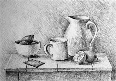 Drawing illustration of still life composition with mug, lemons, cup ...