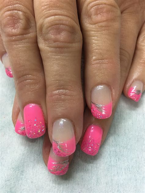 Bright Pink Glitter French Gel Nails | Bright gel nails, Pink french ...