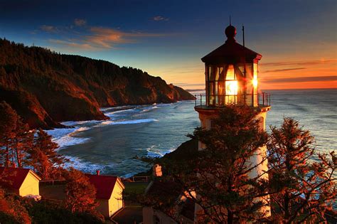 HD wallpaper: Oregon Coast Sea Lighthouse Sunset Landscape Ocean ...