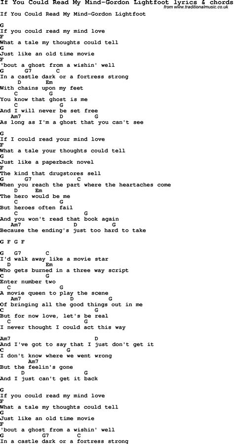 Love Song Lyrics for:If You Could Read My Mind-Gordon Lightfoot with ...