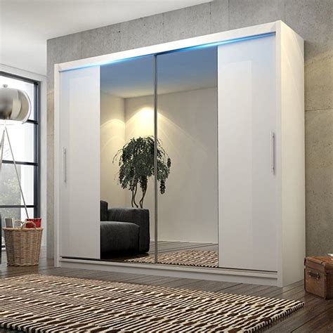 Sliding Mirrored Door Wardrobe Torino 204cm White LED Lights | Sliding ...