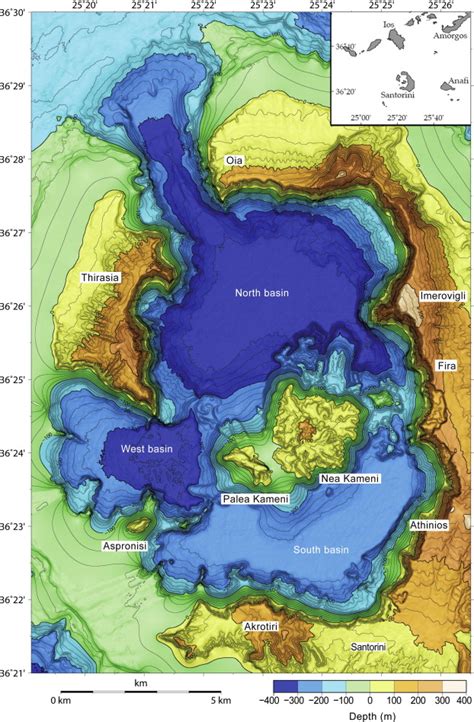 Combined bathymetric and topographic map of Santorini Caldera with 15-m ...