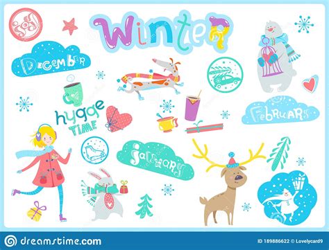 Cute Winter Cartoon Characters and Elements Set Stock Vector ...