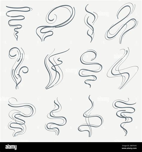 Aroma and smoke line stream. Smell linear trails vector set. Steam ...