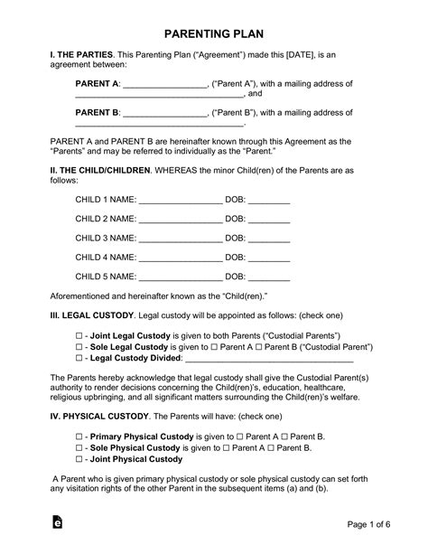 Free Custody (Parenting Plan) Agreement Template - PDF | Word – eForms