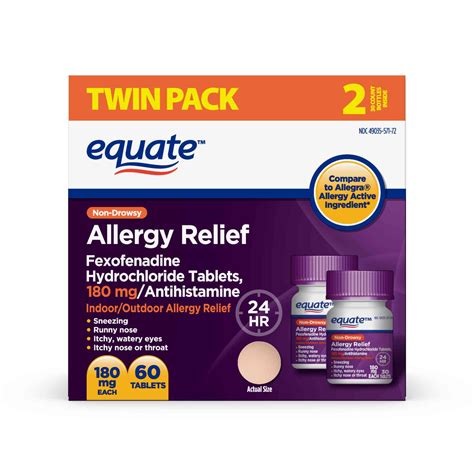 Equate Non-Drowsy Allergy Relief, Fexofenadine HCl Tablets, 180 mg ...