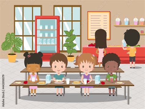 Stockvector Children eat in school canteen. Vector cartoon illustration ...