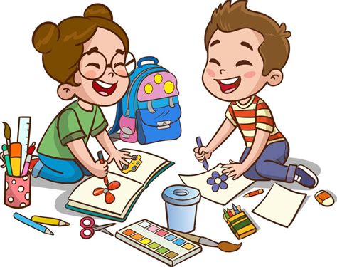 vector illustration of happy kids drawing with crayons.Happy little ...