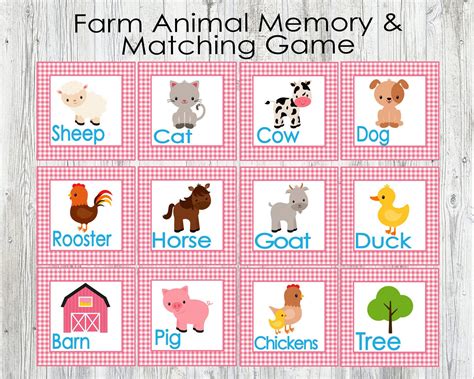 Pink Farm Animal Matching and Memory Game. Printable Game for