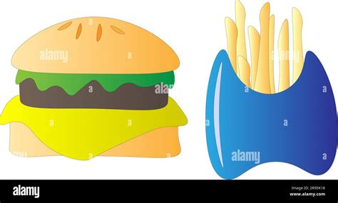 Hamburger and french fries, on a white background, children's drawing ...