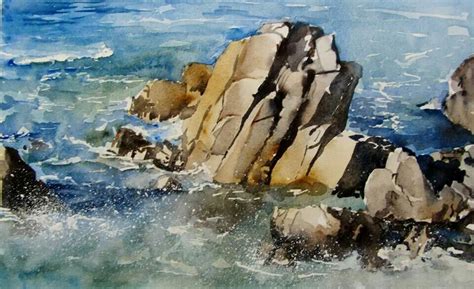 Watercolor painting landscape ocean waves rocks | Watercolor landscape ...