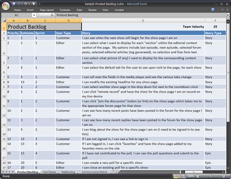 Agile Product Backlog Template