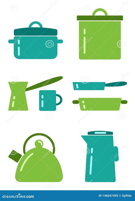 Kitchenware Flat Set, Colored Silhouette, Vector Stock Illustration ...