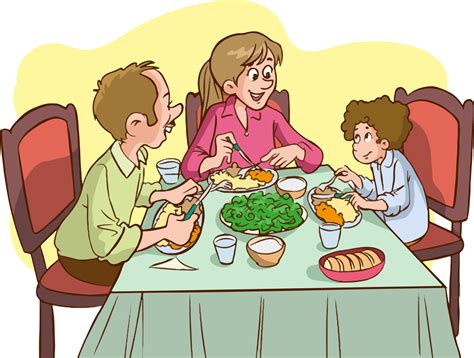 Family meal. Father mother, son and daughter together sit at the table ...