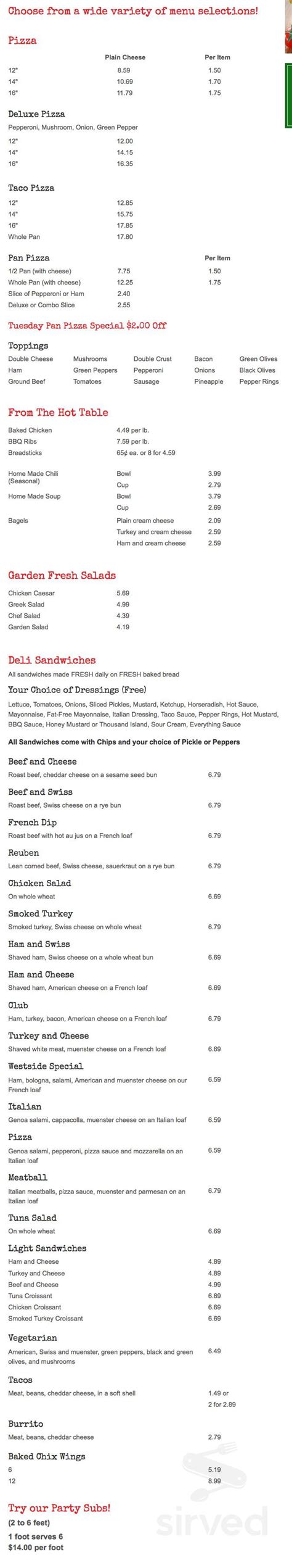 Westside Deli menu in Mason, Michigan, USA