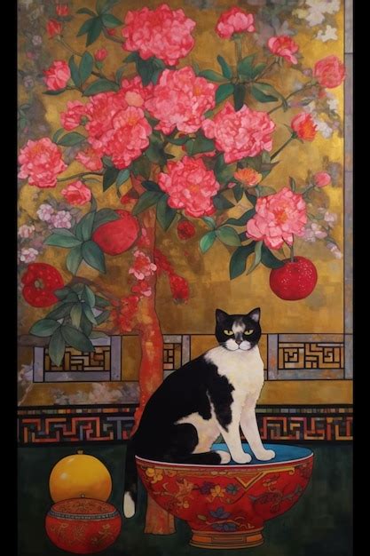 Premium AI Image | A painting of a cat sitting on a table with a vase ...