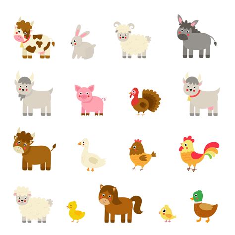 Set of cute cartoon farm animals. Vector illustrations. 2069787 Vector ...