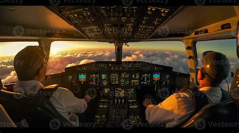 Pilots fly the plane. View from the cockpit of a modern passenger plane ...