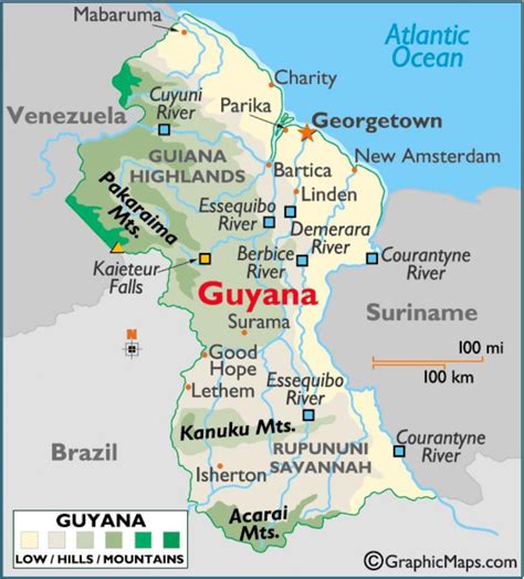 Map of Guyana showing mountain ranges - Map of Guyana showing mountain ...