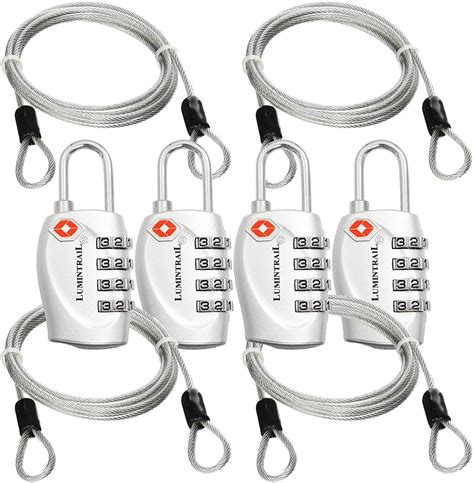 TSA Approved Luggage Locks 4 Pack plus Bonus 4 Foot Steel Cables ...