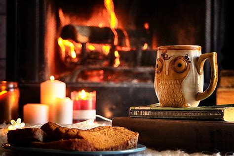 Cozy Autumn, fire, candle, fireplace, autumn, cozy, coffee, cup, mug ...