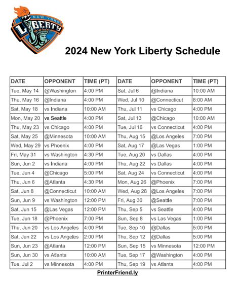 Printable 2024 New York Liberty Schedule - Printerfriendly