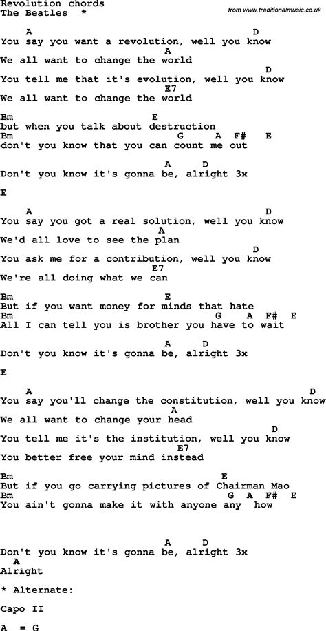 Song lyrics with guitar chords for Revolution - The Beatles