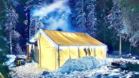 WINTER CAMPING in a GLOWING HOT TENT HUT - YouTube