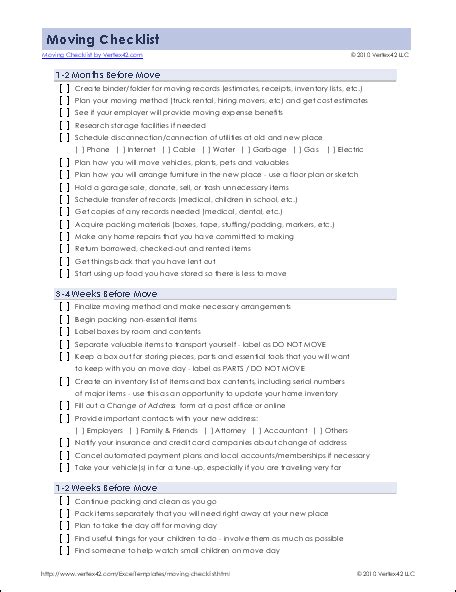 Detailed Moving Checklist - Printable Moving Checklist for Excel