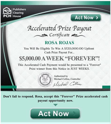 PCH ACTNOW ACCELERATED PRIZE PAYOUT CERTIFICATE I ROSA ROJAS CLAIM MY ...