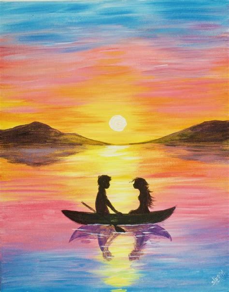 Easy painting of a Couple in a boat at sunset | Sunset painting ...