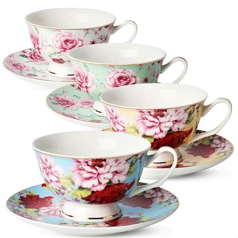 Tea / Coffee Cups and Saucers, Set of 4 (8 piece, 4 cups and 4 saucers ...