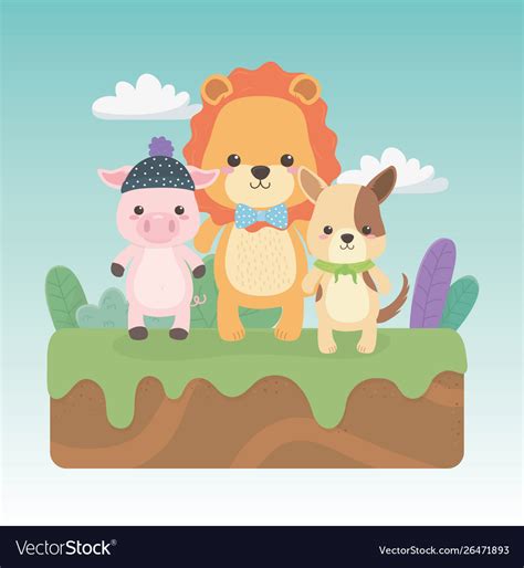 Cute and little animals in field characters Vector Image