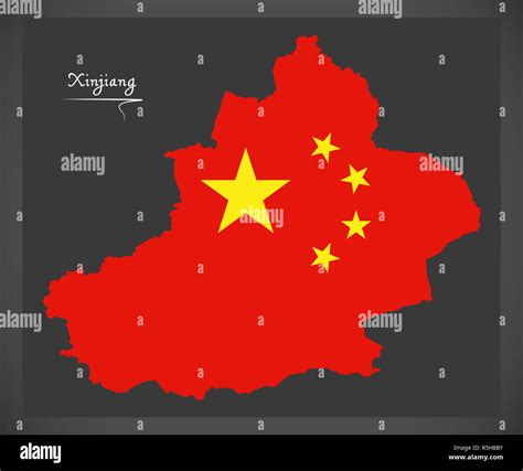 Xinjiang China map with Chinese national flag illustration Stock Photo ...