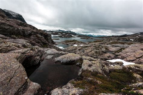 Typical Norwegian Landscape with Snowy Mountains Stock Photo - Image of ...