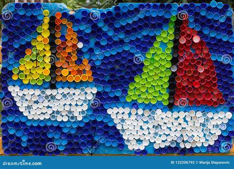 Sailboats Mosaic Deocoration Made of Cororful Plastic Bottle Cap Stock ...