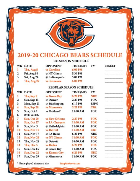 Printable 2019-2020 Chicago Bears Schedule