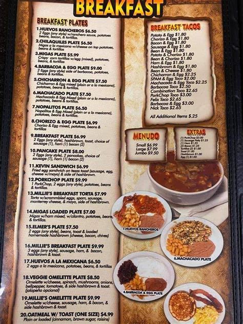 Menu at Millies Mexican Restaurant, Dilley