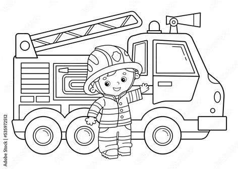 Coloring Page Outline Of cartoon fire truck with fireman or firefighter ...