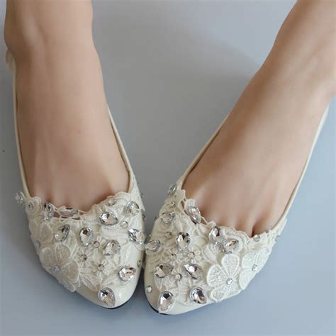 Handmade wedding shoes flat white rhinestone lace flower bridal shoes ...