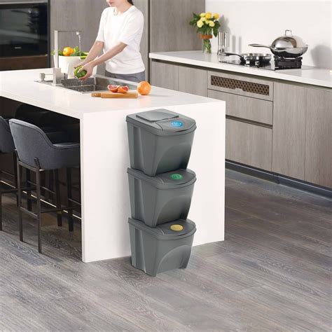 Recycle Bins 25L x 3 Food Stackable Waste Recycling Lids Kitchen Garden ...