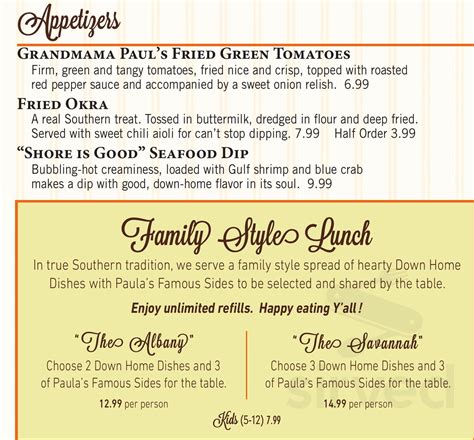 Paula Deen's Family Kitchen menu in San Antonio, Texas, USA