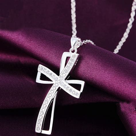 925 Sterling Silver Women Cross Necklace Crystal Chain Jewelry ...