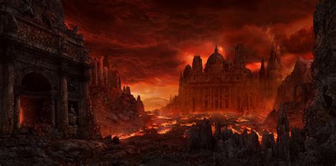 Download Red Ruin Sky Fire Landscape Building City Dark Fantasy Hell ...