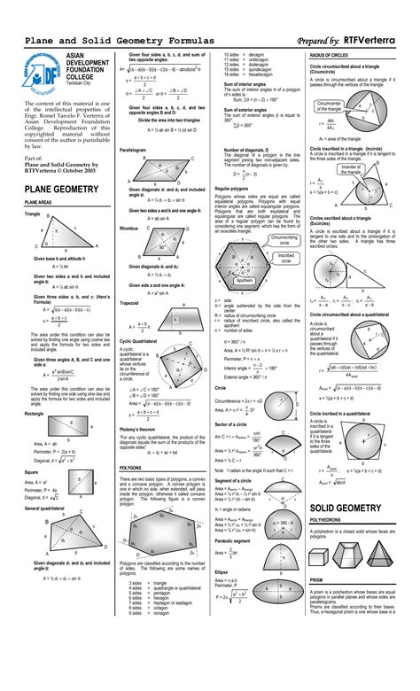 Plane and Solid Geometry Formulas Prepared by: RTFVerterra