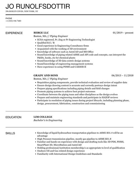 Piping Engineer Resume Samples | Velvet Jobs