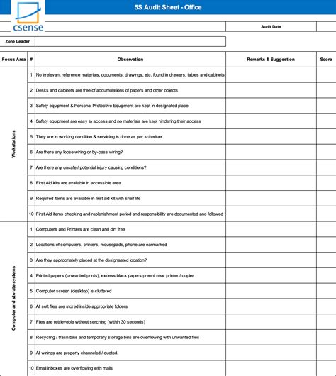 5S Audit Checklist Template