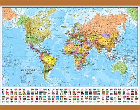 Medium Political World Wall Map with flags (Wooden hanging bars)