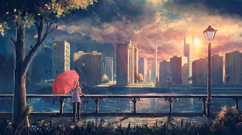 Artwork, Fantasy Art, Anime, Rain, City, Park, Umbrella - Anime Rainy ...